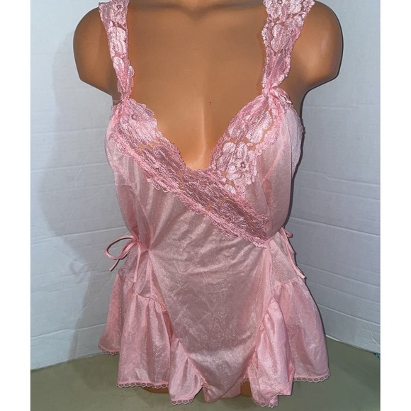 Vintage Silky pink w/ eyelet Babydoll lingerie teddy Romper bodysuit M - Picture 4 of 11